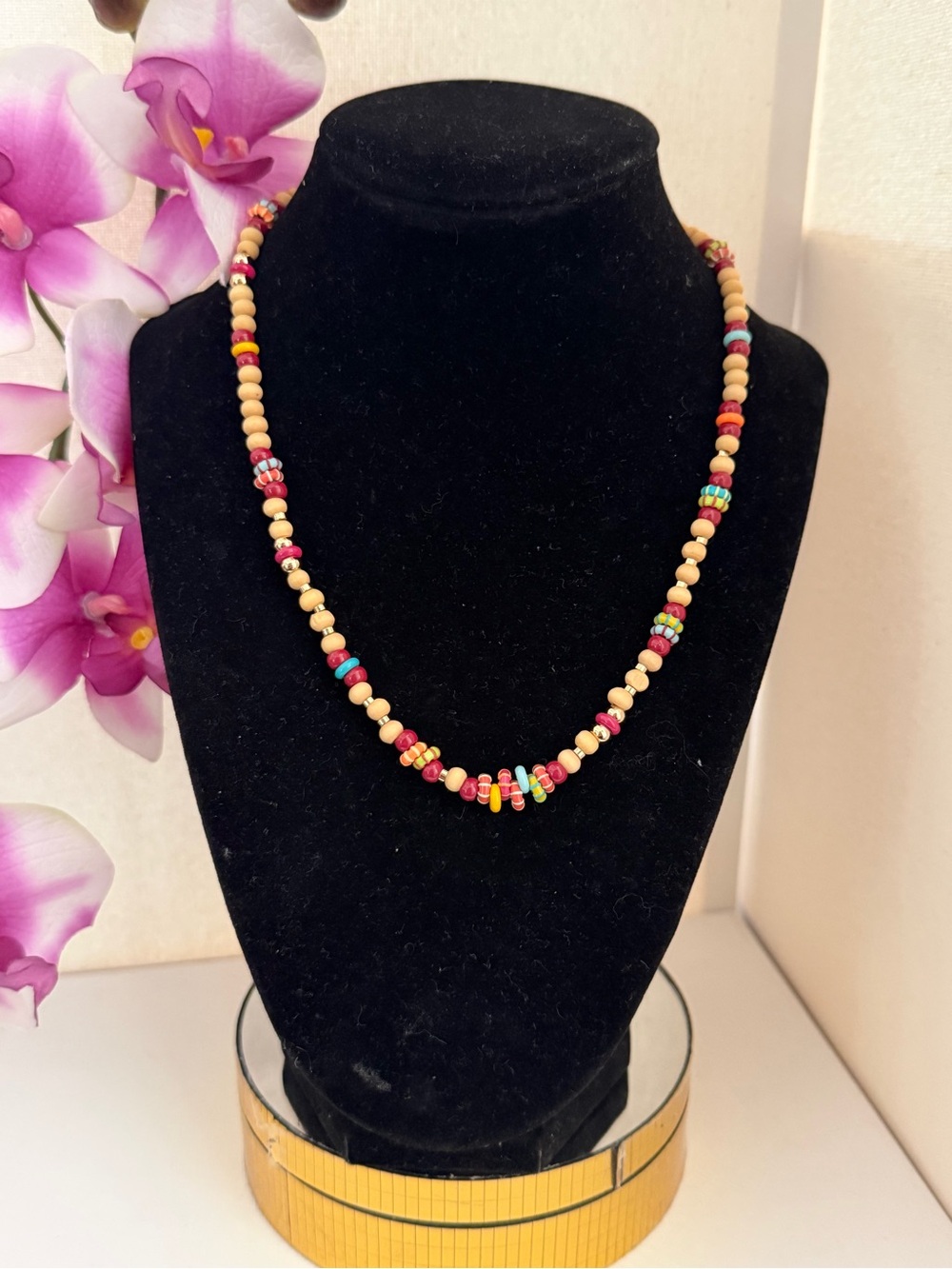 Roxanne Assoulin Multicolor Enamel Bead Necklace with Natural Wood Beads NEW